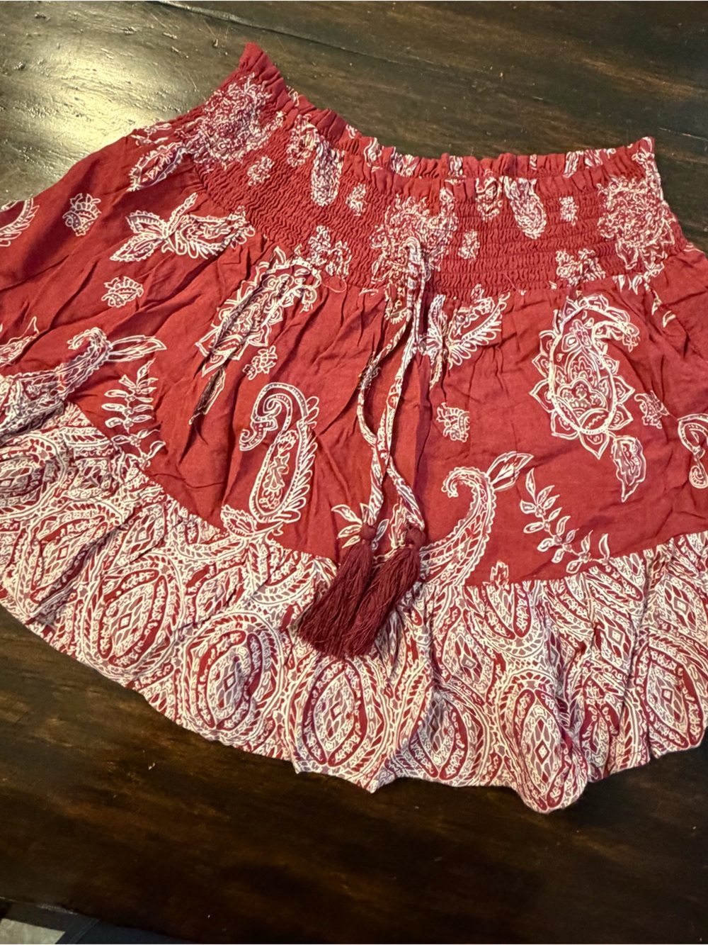 Women’s Red Paisley Smocked Waist Circle Skirt with Tassel Detail size small